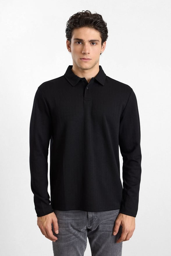 Siyah Regular Dikey Çizgili Baskısız Jakarlı V Pat Polo Yaka Cepsiz Sweatshirt