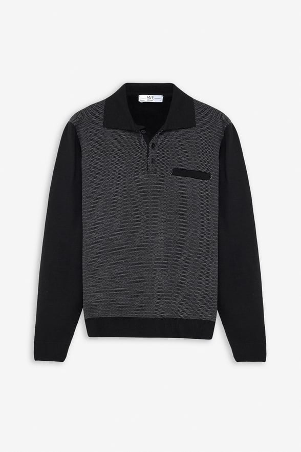 Siyah Regular Düğmeli Polo Yaka Kazak
