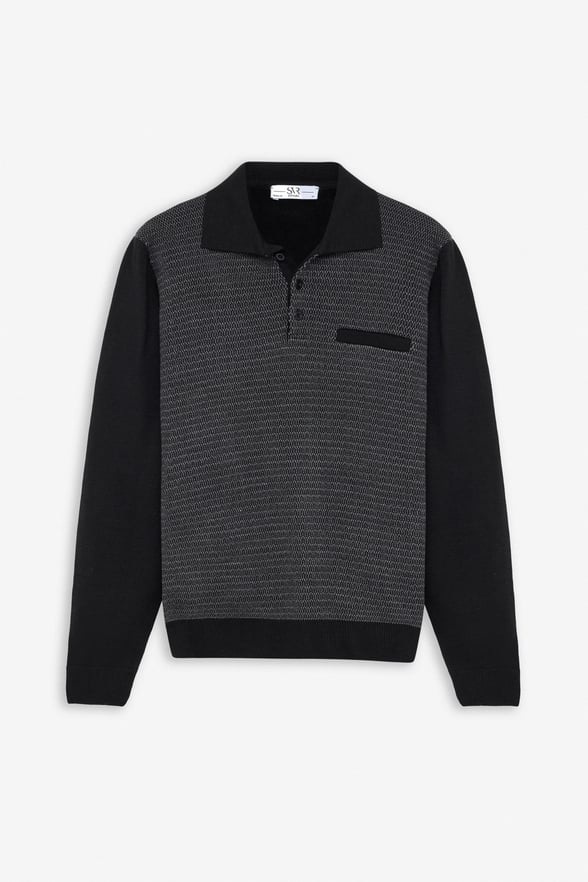 Siyah Regular Düğmeli Polo Yaka Kazak