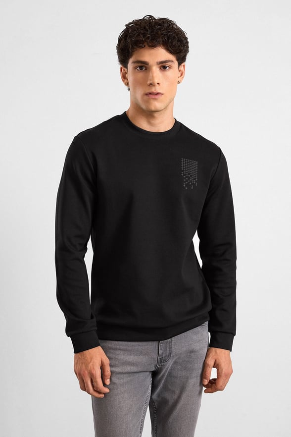 Siyah Regular Düz Baskılı İnterlok Bisiklet Yaka Cepsiz Düz Sweatshirt