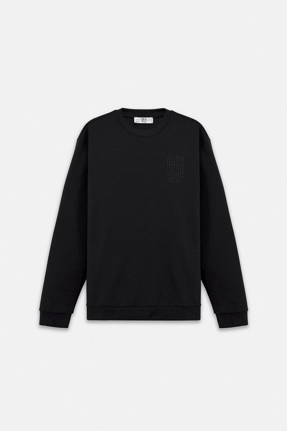 Siyah Regular Düz Baskılı İnterlok Bisiklet Yaka Cepsiz Düz Sweatshirt