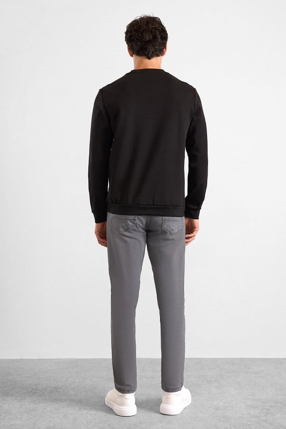 Siyah Regular Düz Baskılı İnterlok Bisiklet Yaka Cepsiz Düz Sweatshirt