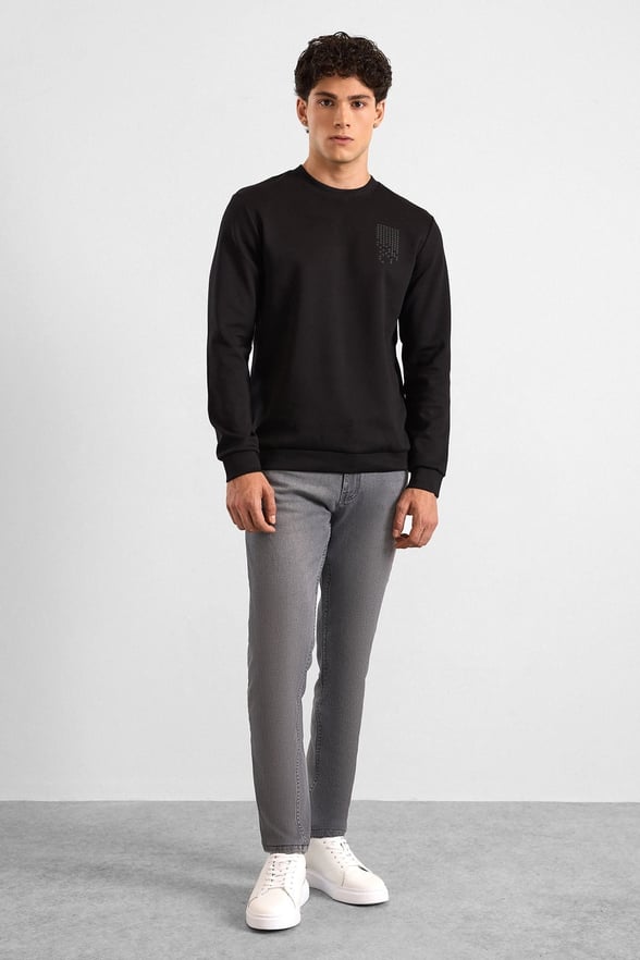 Siyah Regular Düz Baskılı İnterlok Bisiklet Yaka Cepsiz Düz Sweatshirt