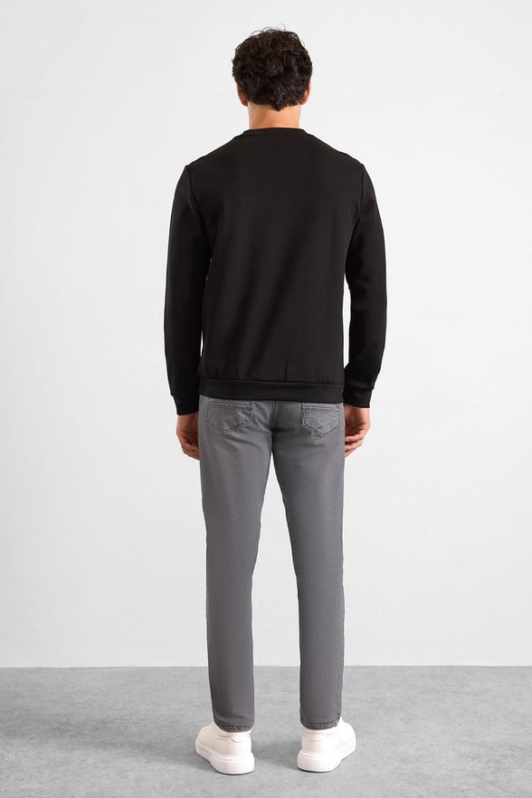 Siyah Regular Düz Baskılı İnterlok Bisiklet Yaka Cepsiz Düz Sweatshirt