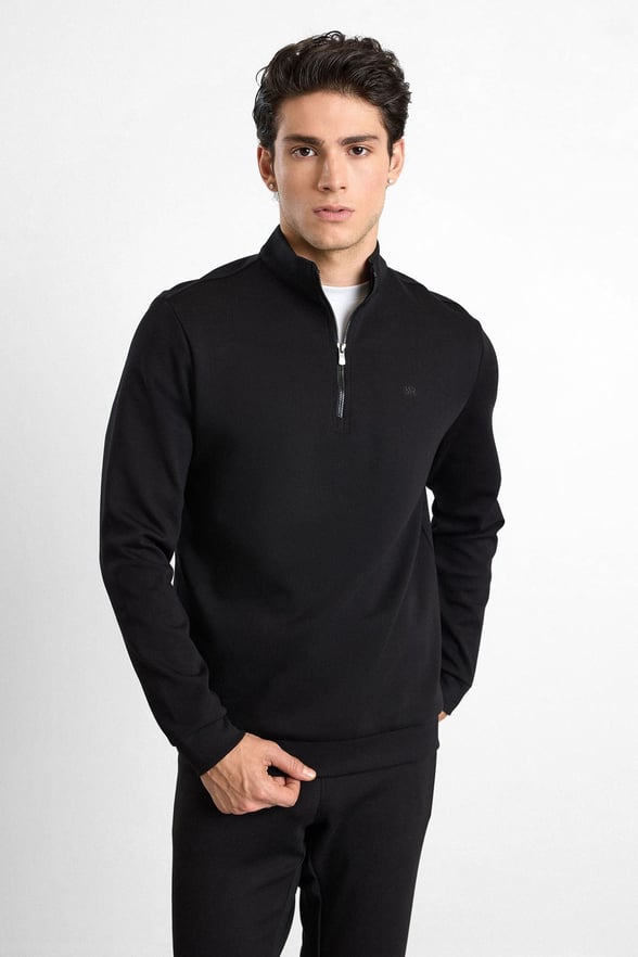 Siyah Regular Düz Baskılı İnterlok Dik Yaka Cepsiz Sweatshirt