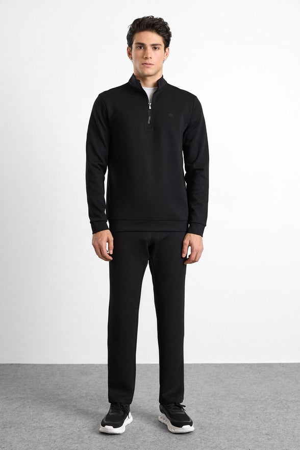 Siyah Regular Düz Baskılı İnterlok Dik Yaka Cepsiz Sweatshirt
