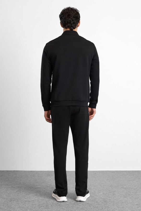 Siyah Regular Düz Baskılı İnterlok Dik Yaka Cepsiz Sweatshirt