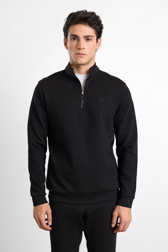 Siyah Regular Düz Baskılı İnterlok Dik Yaka Cepsiz Sweatshirt