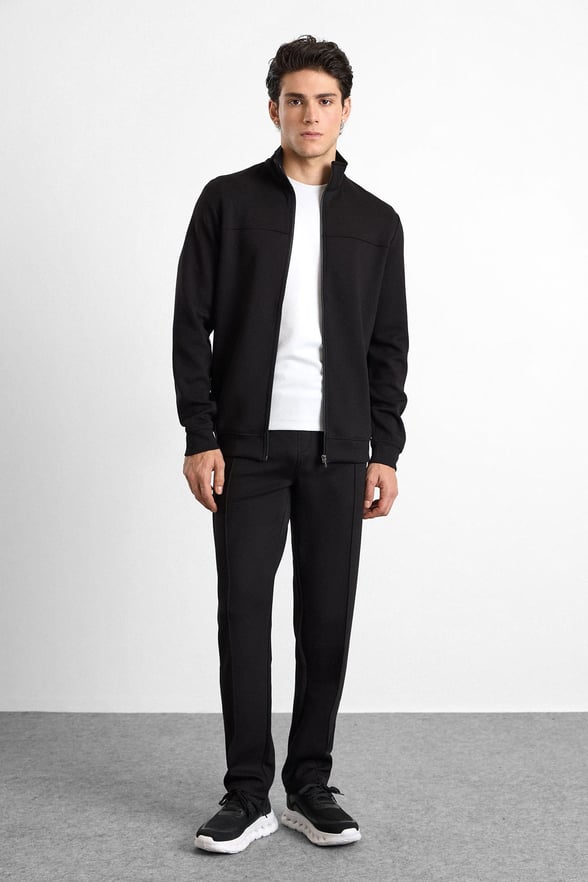 Siyah Regular Düz Baskılı İnterlok Fermuarlı Dik Yaka Cepli Sweatshirt