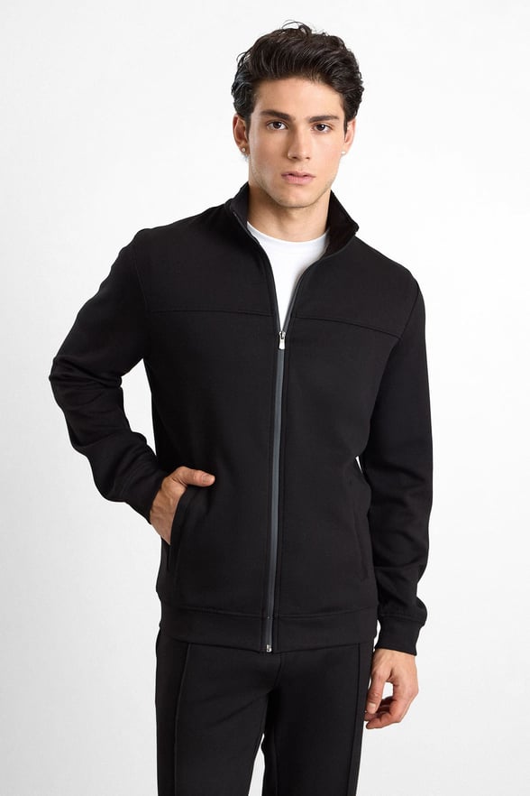 Siyah Regular Düz Baskılı İnterlok Fermuarlı Dik Yaka Cepli Sweatshirt