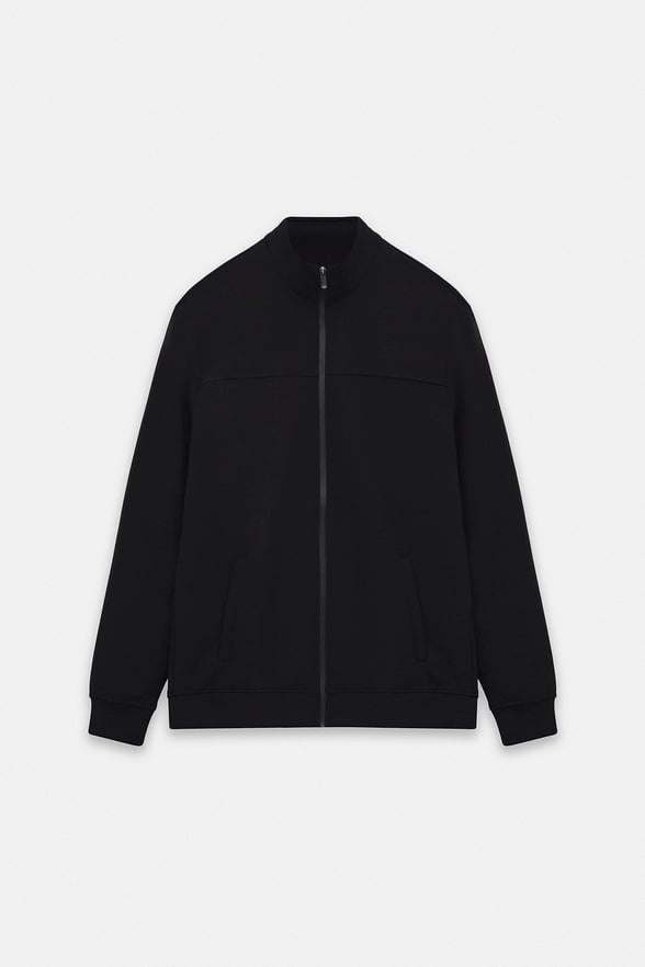 Siyah Regular Düz Baskılı İnterlok Fermuarlı Dik Yaka Cepli Sweatshirt