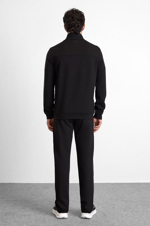 Siyah Regular Düz Baskılı İnterlok Fermuarlı Dik Yaka Cepli Sweatshirt