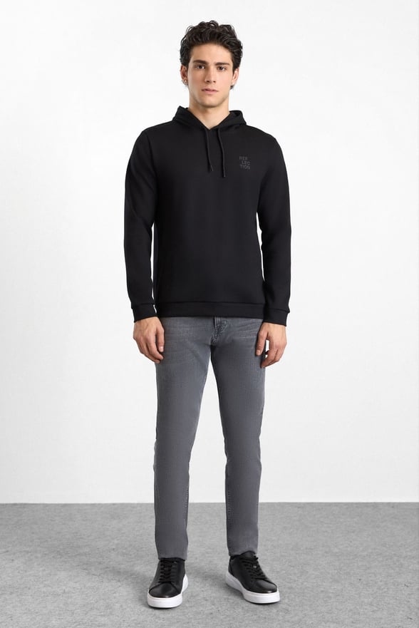 Siyah Regular Düz Baskılı İnterlok Kapüşonlu Cepsiz Sweatshirt