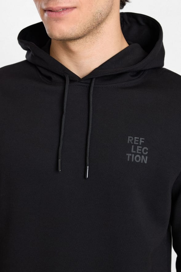 Siyah Regular Düz Baskılı İnterlok Kapüşonlu Cepsiz Sweatshirt