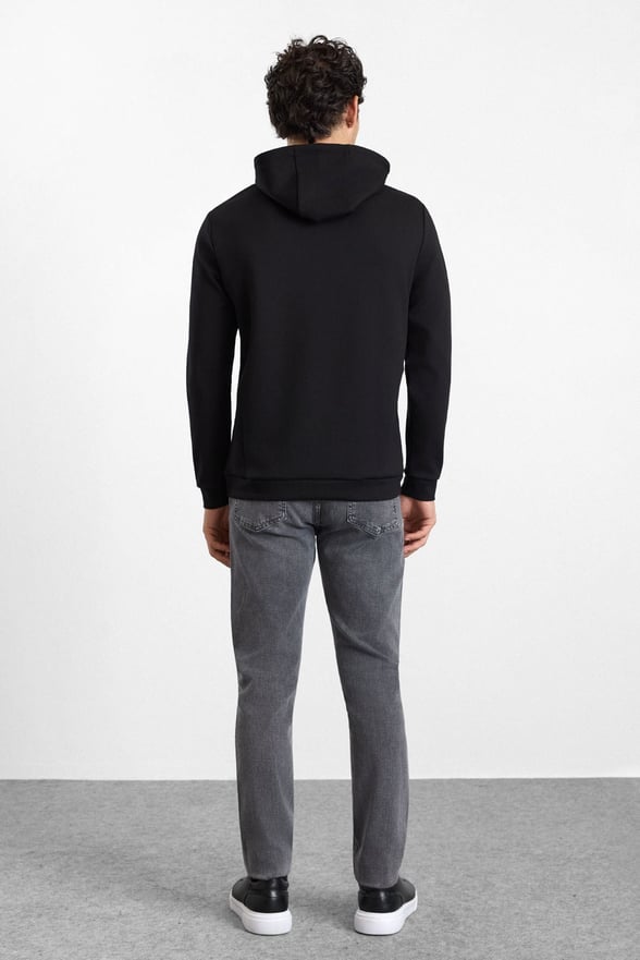 Siyah Regular Düz Baskılı İnterlok Kapüşonlu Cepsiz Sweatshirt