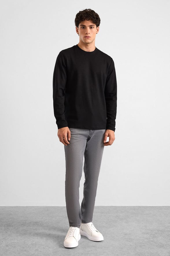 Siyah Regular Düz Baskısız İnterlok Bisiklet Yaka Cepsiz Sweatshirt