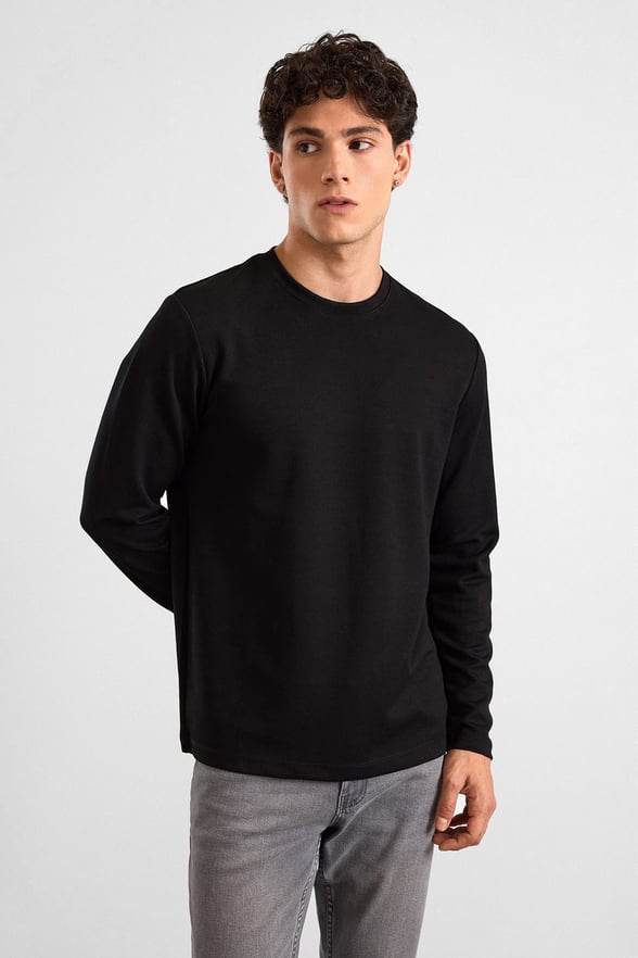 Siyah Regular Düz Baskısız İnterlok Bisiklet Yaka Cepsiz Sweatshirt