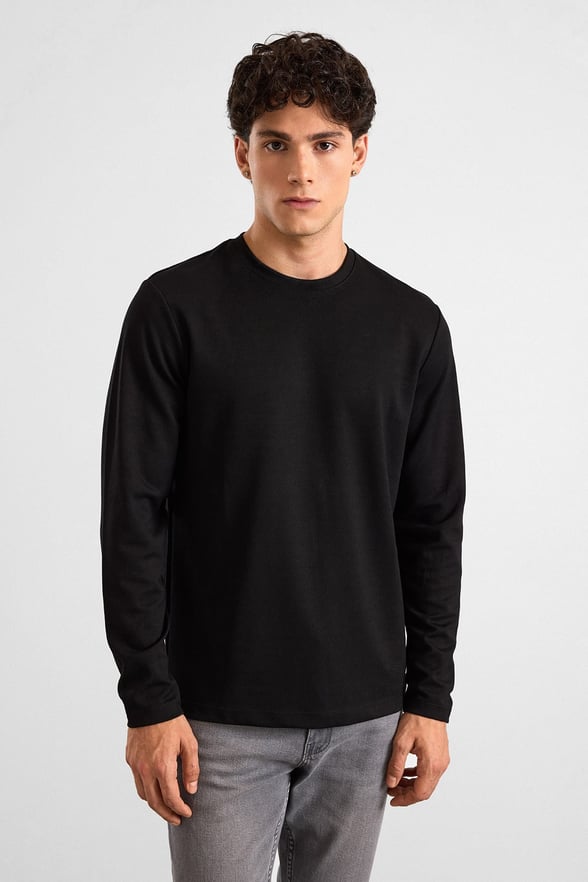 Siyah Regular Düz Baskısız İnterlok Bisiklet Yaka Cepsiz Sweatshirt