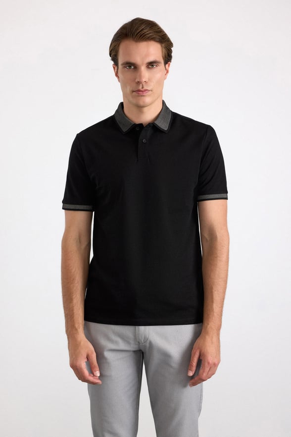 Siyah Regular Düz Baskısız Pike Polo Yaka Standart Tişört
