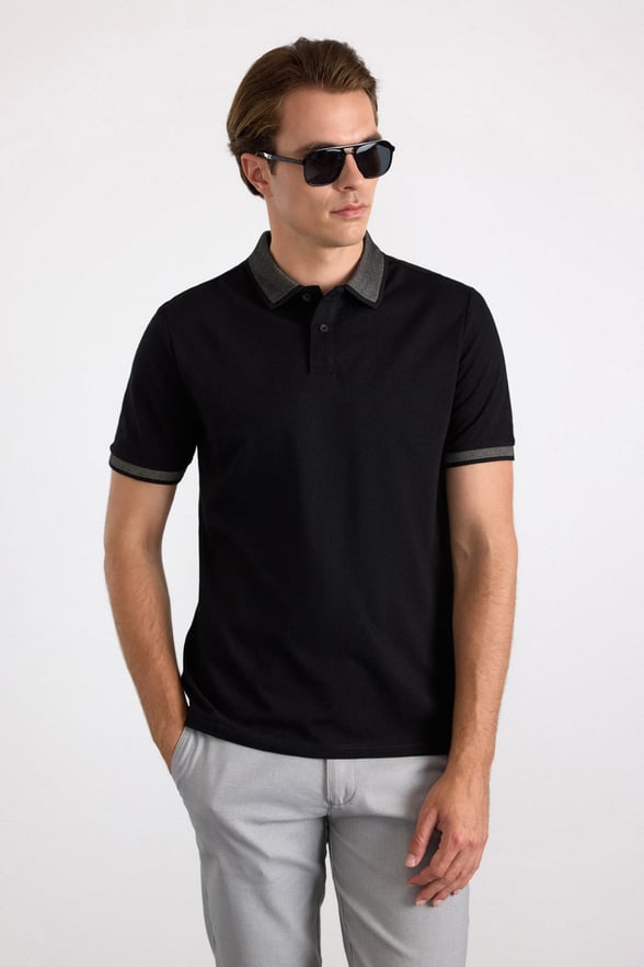 Siyah Regular Düz Baskısız Pike Polo Yaka Standart Tişört