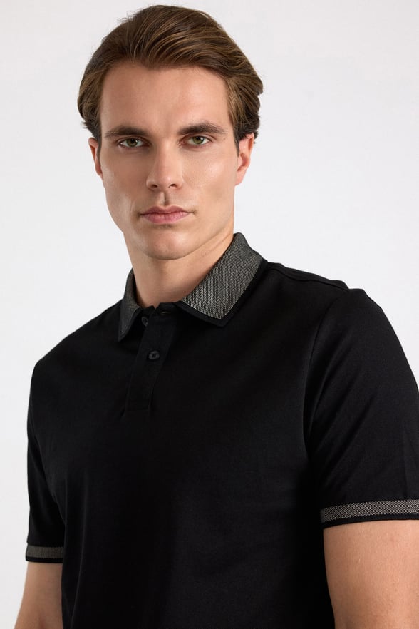 Siyah Regular Düz Baskısız Pike Polo Yaka Standart Tişört