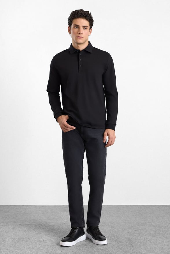 Siyah Regular Düz Baskısız Süprem Düğmeli Polo Yaka Cepsiz Sweatshirt