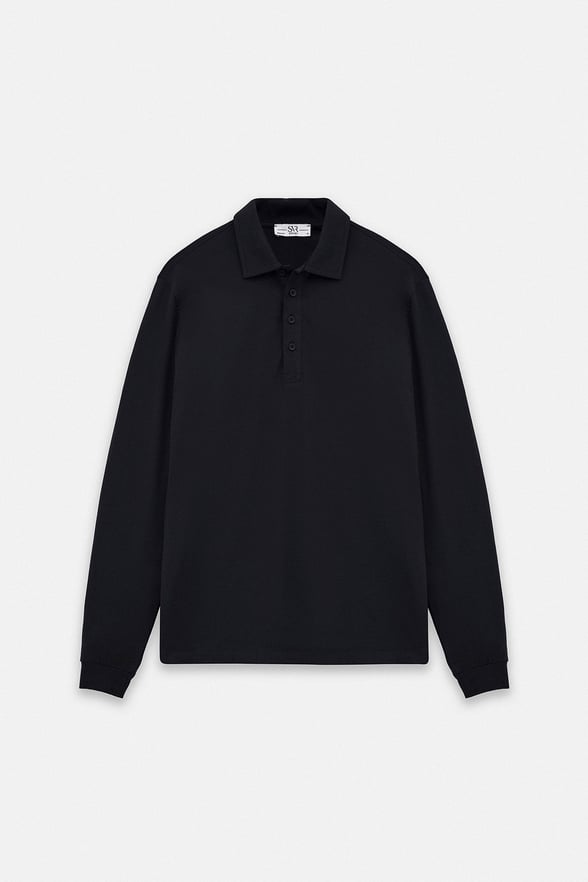 Siyah Regular Düz Baskısız Süprem Düğmeli Polo Yaka Cepsiz Sweatshirt