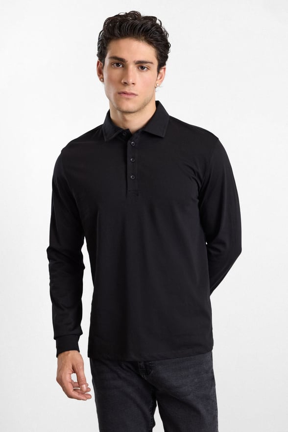 Siyah Regular Düz Baskısız Süprem Düğmeli Polo Yaka Cepsiz Sweatshirt