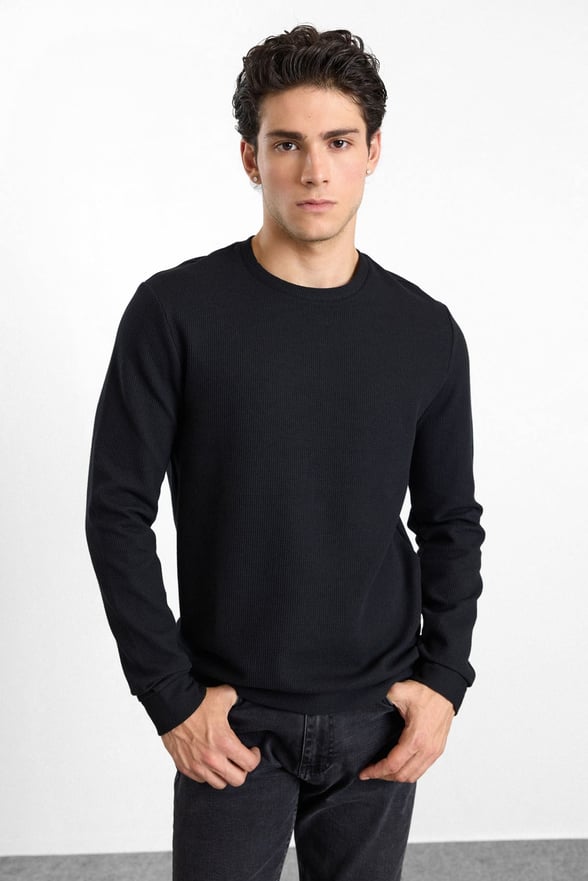 Siyah Regular Düz Baskısız Waffle Bisiklet Yaka Cepsiz Sweatshirt