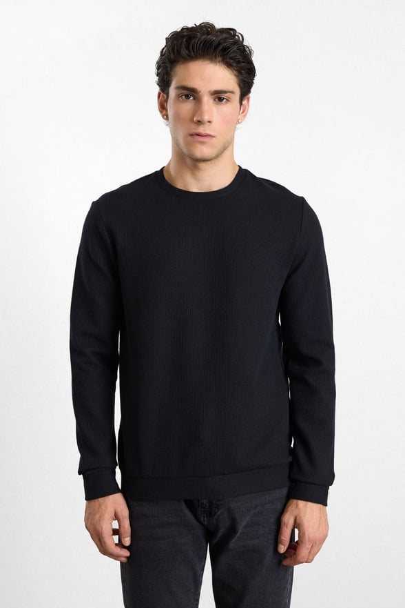 Siyah Regular Düz Baskısız Waffle Bisiklet Yaka Cepsiz Sweatshirt