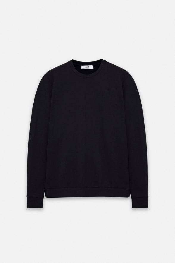 Siyah Regular Düz Baskısız Waffle Bisiklet Yaka Cepsiz Sweatshirt