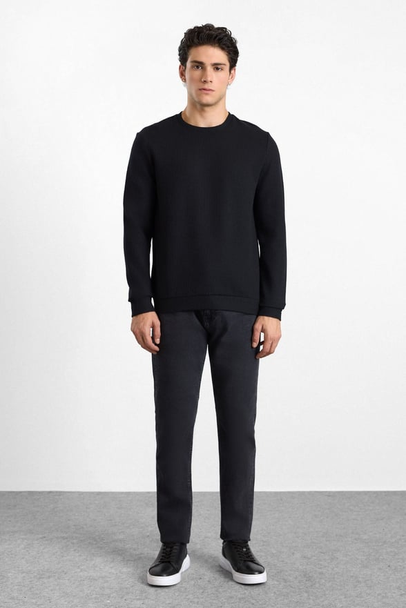 Siyah Regular Düz Baskısız Waffle Bisiklet Yaka Cepsiz Sweatshirt