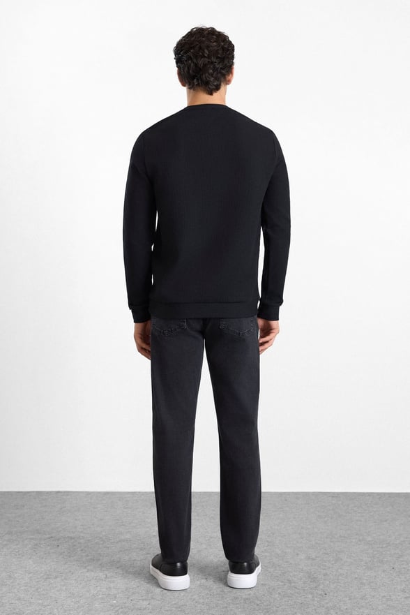 Siyah Regular Düz Baskısız Waffle Bisiklet Yaka Cepsiz Sweatshirt
