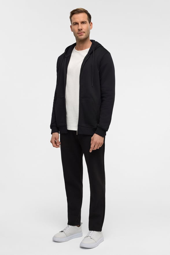Siyah Regular Düz Bisiklet Yaka Fermuarlı Sweatshirt