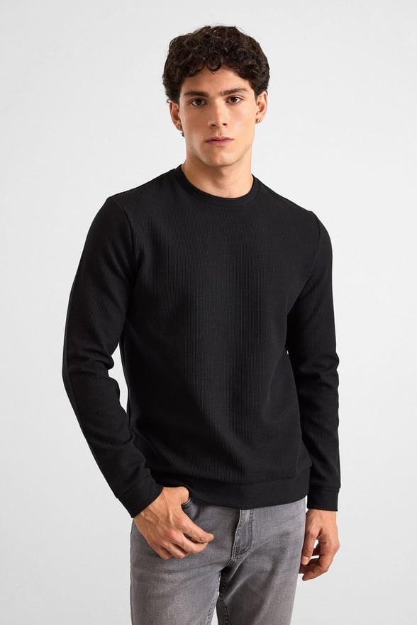 Siyah Regular Düz Bisiklet Yaka Sweatshirt