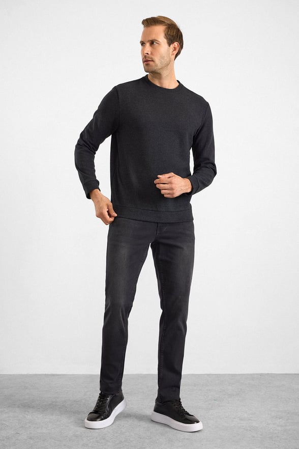 Siyah Regular Düz Bisiklet Yaka Sweatshirt
