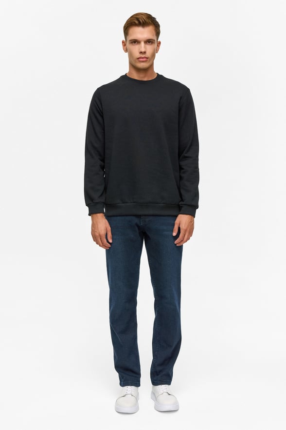 Siyah Regular Düz Bisiklet Yaka Sweatshirt