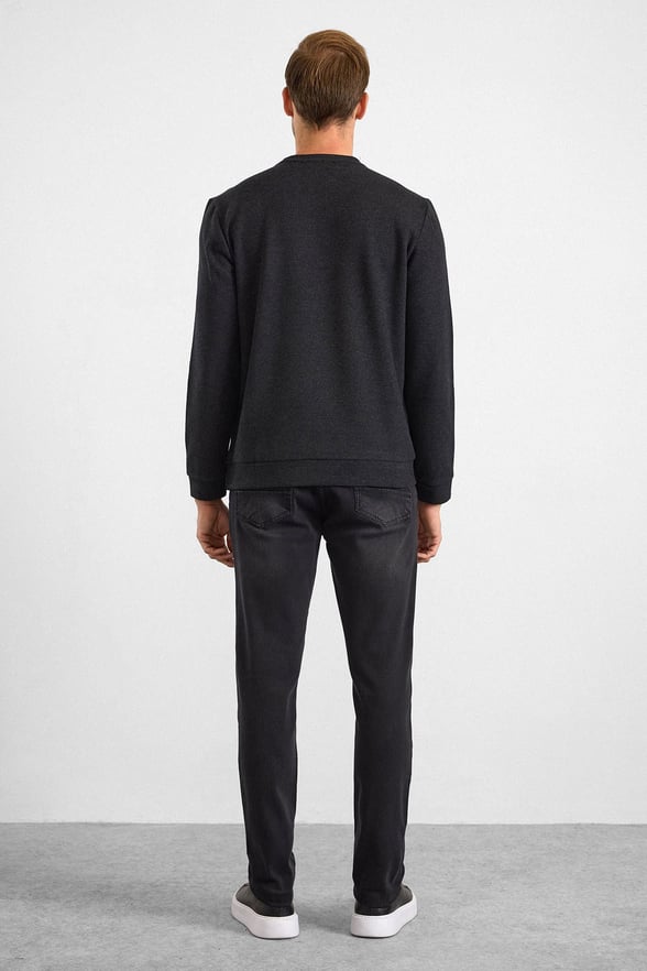 Siyah Regular Düz Bisiklet Yaka Sweatshirt