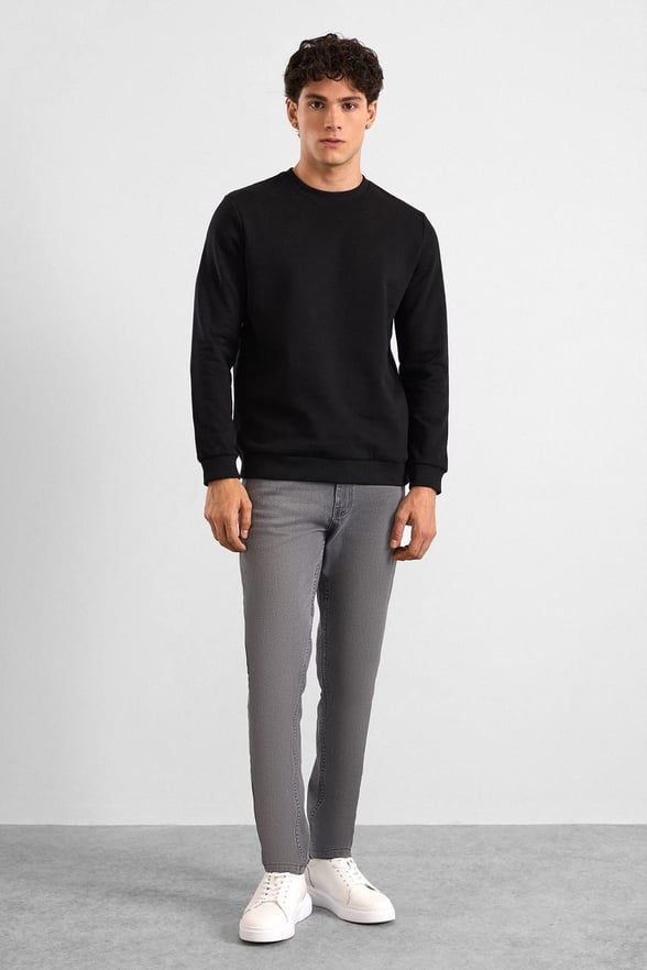 Siyah Regular Düz Bisiklet Yaka Sweatshirt