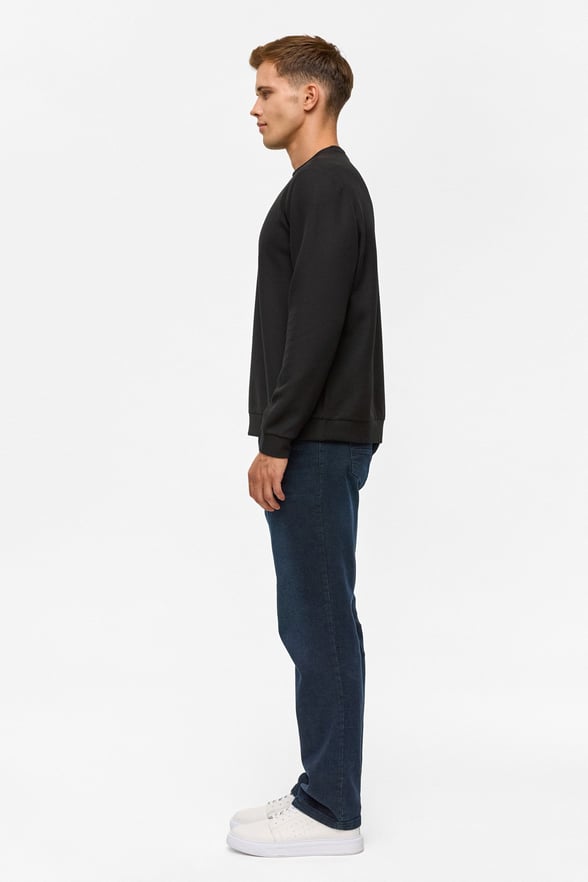 Siyah Regular Düz Bisiklet Yaka Sweatshirt