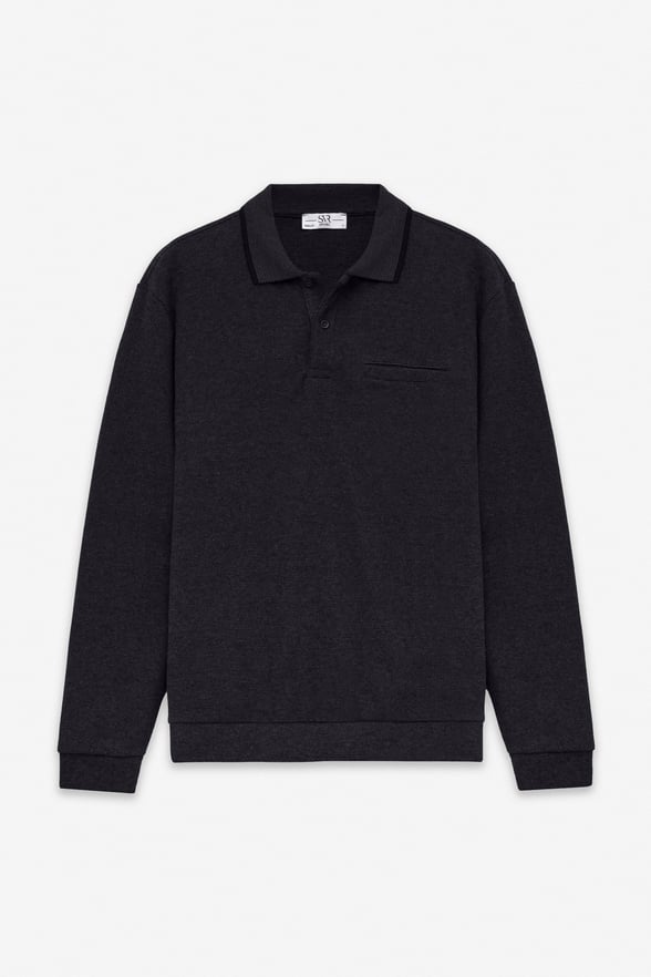 Siyah Regular Düz Fermuarlı Polo Yaka Sweatshirt
