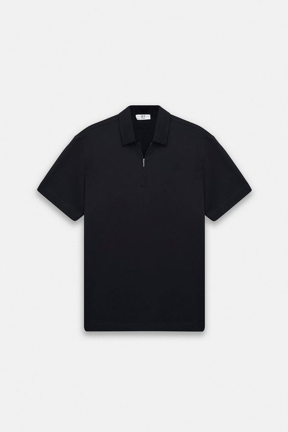 Siyah Regular Düz Fermuarlı Polo Yaka Tişört