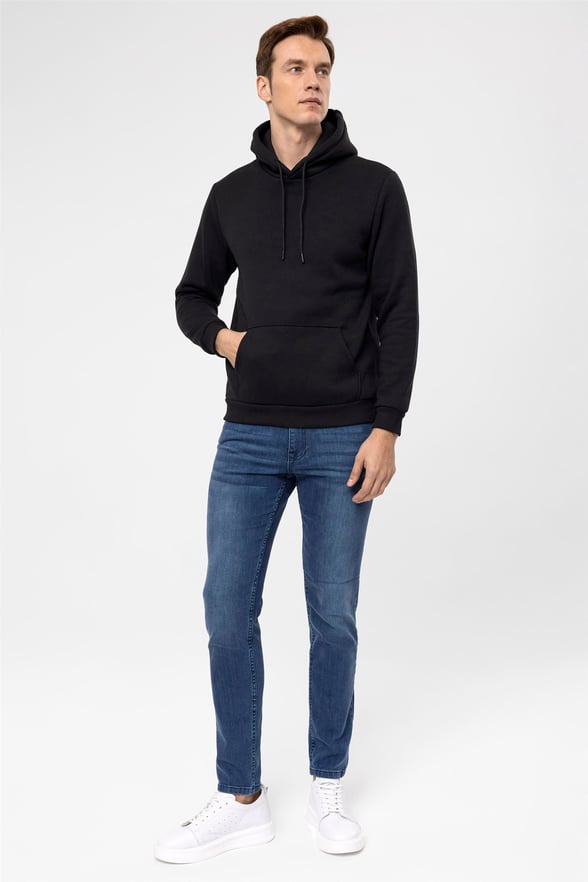 Siyah Regular Düz Kapişonlu Yaka  Sweatshirt