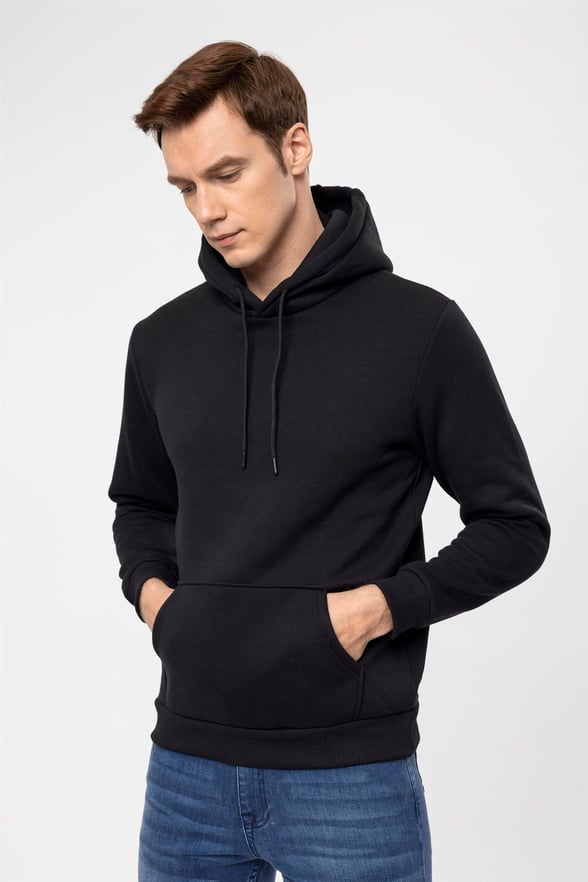 Siyah Regular Düz Kapişonlu Yaka  Sweatshirt