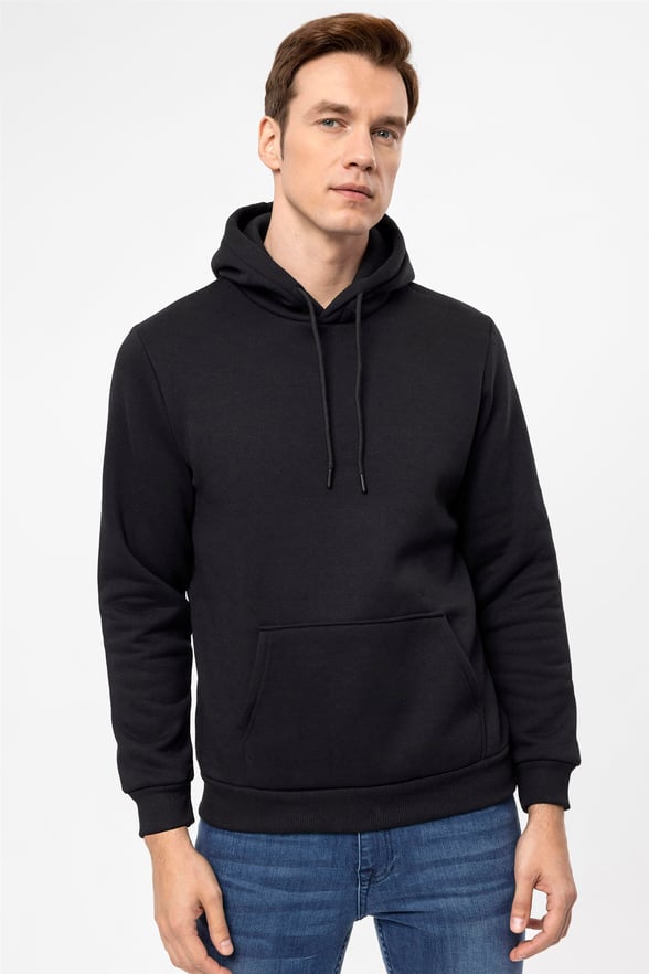 Siyah Regular Düz Kapişonlu Yaka  Sweatshirt