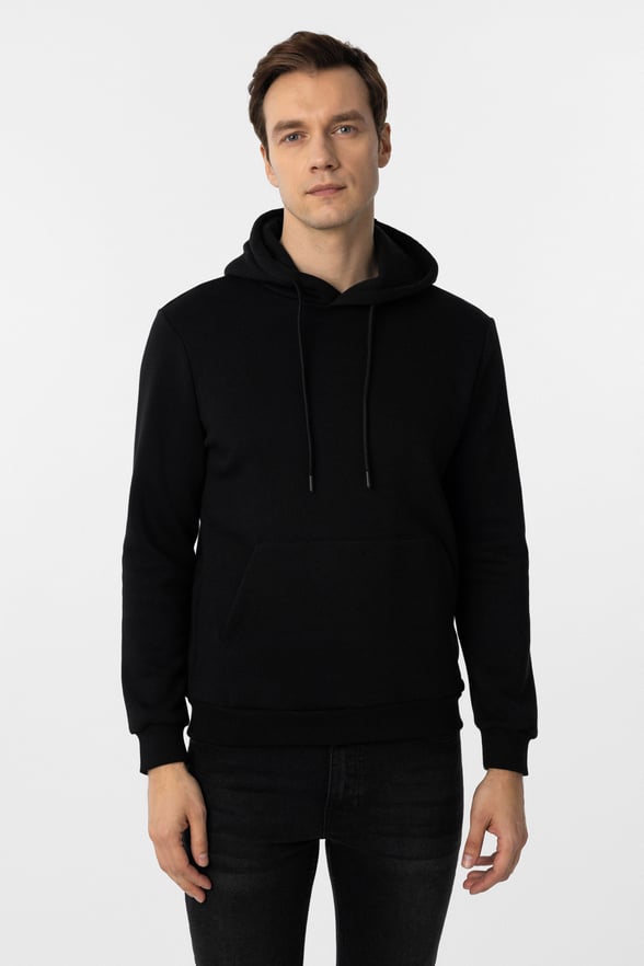 Siyah Regular Düz Kapüşonlu Yaka Sweatshirt