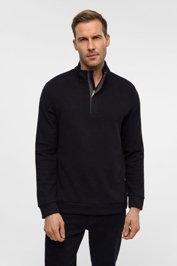 Siyah Regular Düz Polo Yaka Sweatshirt