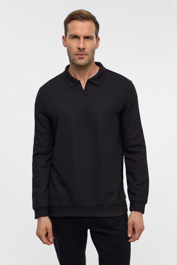 Siyah Regular Düz Polo Yaka Sweatshirt