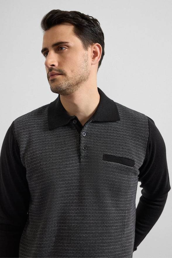 Siyah Regular Düz Polo Yaka Sweatshirt