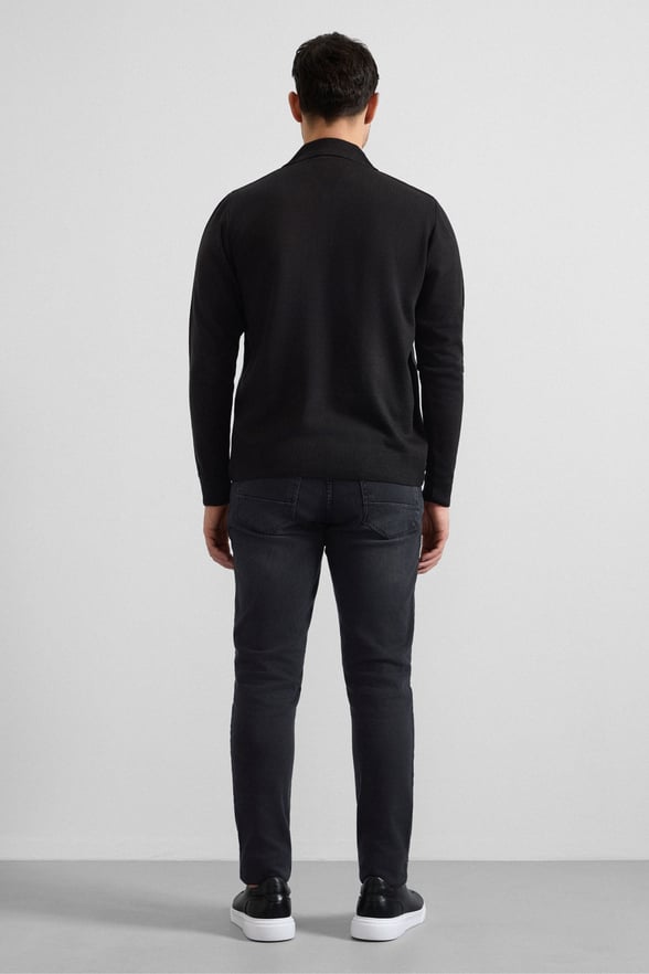 Siyah Regular Düz Polo Yaka Sweatshirt